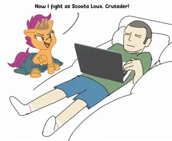 Size: 2110x1739 | Tagged: safe, artist:applephil, derpibooru import, scootaloo, human, pegasus, pony, clothes, computer, cosplay, costume, couch, duo, female, filly, foal, image, jpeg, laptop computer, male, simple background, white background