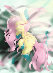 Size: 1000x1385 | Tagged: safe, artist:pagophasia, derpibooru import, fluttershy, pegasus, pony, bed, bed hair, blanket, colored hooves, crepuscular rays, curled up, cutie mark, daylight, daytime, derpibooru exclusive, dust motes, eyes closed, female, image, impossibly long eyelashes, lying down, morning, on bed, open mouth, png, sleeping, solo, sunlight, unshorn fetlocks, wings