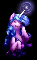 Size: 1672x2680 | Tagged: safe, artist:xxmissteaxx, derpibooru import, izzy moonbow, pony, unicorn, black background, eyebrows, female, g5, glow, glowing horn, high res, hoof on cheek, horn, image, magic, magic aura, mare, one eye closed, open mouth, open smile, png, simple background, smiling, solo