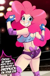 Size: 2000x3000 | Tagged: suggestive, artist:great-dude, derpibooru import, pinkie pie, human, ass, balloonbutt, belly button, blushing, breasts, busty pinkie pie, butt, cleavage, clothes, eyebrows, female, grin, high res, humanized, image, jpeg, light skin, looking at you, smiling, smiling at you, socks, solo, solo female, speech bubble, thigh highs, wrestler, wrestling ring