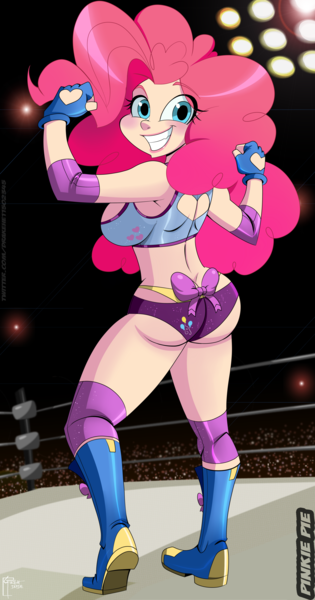 Size: 2126x4050 | Tagged: suggestive, alternate version, artist:great-dude, derpibooru import, pinkie pie, human, ass, balloonbutt, belly button, blushing, breasts, busty pinkie pie, butt, cleavage, clothes, eyebrows, female, full body, grin, high res, humanized, image, light skin, looking at you, png, smiling, smiling at you, socks, solo, solo female, thigh highs, wrestler, wrestling ring