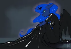 Size: 1180x820 | Tagged: safe, artist:stirren, derpibooru import, princess luna, anthro, goo, bondage, canon, clothes, dress, encasement, female, floppy ears, image, jpeg, living latex, open mouth, sitting, solo, solo female