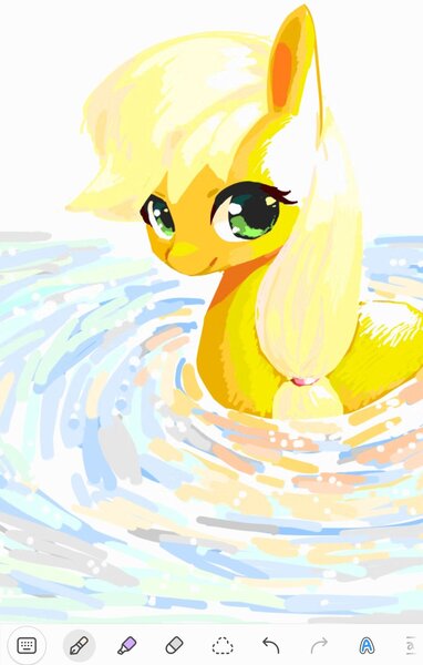 Size: 1078x1694 | Tagged: safe, artist:cheesesauce_45, derpibooru import, applejack, earth pony, pony, female, hatless, image, jpeg, looking at you, mare, missing accessory, partially submerged, smiling, smiling at you, solo, water