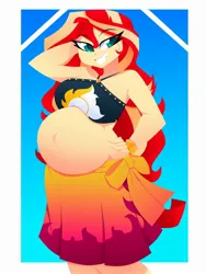 Size: 1500x2000 | Tagged: safe, artist:xan-gelx, derpibooru import, sunset shimmer, human, equestria girls, arm behind head, bare shoulders, belly, belly button, big belly, bikini, bikini top, clothes, female, grin, hand on head, hand on hip, image, jpeg, looking at you, pregnant, sarong, simple background, sleeveless, smiling, smiling at you, solo, solo female, sunset preggers, sunset selfie, swimsuit