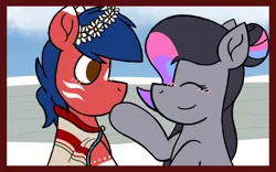 Size: 1920x1200 | Tagged: safe, artist:thebadbadger, derpibooru import, oc, oc:phire demon, oc:trisha chenery, unofficial characters only, pony, blushing, image, png, snow