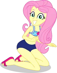 Size: 2357x3011 | Tagged: safe, alternate version, artist:dustinwatsongkx, derpibooru import, fluttershy, human, equestria girls, accessory swap, bare shoulders, bikini, clothes, clothes swap, female, grin, image, one-piece swimsuit, png, sandals, sci-twi swimsuit, simple background, sleeveless, smiling, solo, swimsuit, swimsuit swap, transparent background