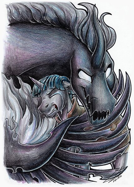 Size: 2498x3475 | Tagged: safe, artist:lupiarts, derpibooru import, pony of shadows, stygian, pony, unicorn, shadow play, clothes, commission, crying, eyes closed, glow, glowing eyes, gritted teeth, high res, hug, image, jpeg, male, teeth, traditional art, winghug, wings