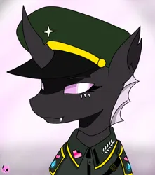 Size: 840x951 | Tagged: safe, artist:more by mairiathus, changeling, eyebrows, fangs, horn, image, jpeg, military, pink