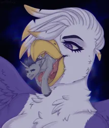 Size: 2400x2800 | Tagged: suggestive, artist:enderbee, derpibooru import, oc, gryphon, pony, unicorn, beak, drool, eating, female, fetish, griffons doing griffon things, image, macro, macro/micro, male, micro, oc x oc, open mouth, png, shipping, stallion, tongue out, vore