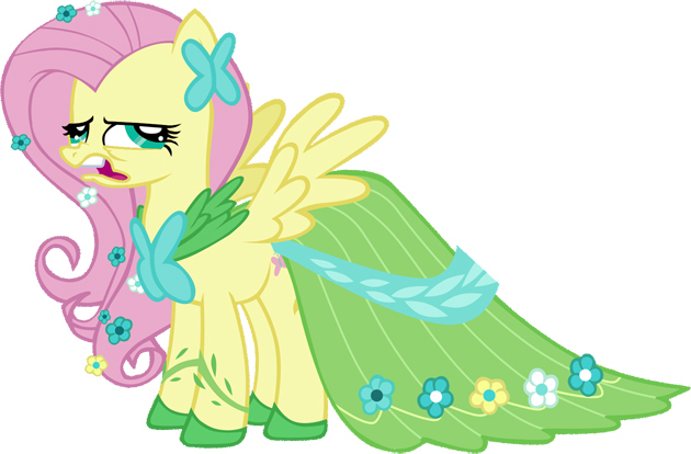 Size: 630x414 | Tagged: artist needed, safe, derpibooru import, fluttershy, pegasus, pony, clothes, dress, female, gala dress, image, jpeg, majestic as fuck, mare, show accurate, side view, simple background, solo, spread wings, wings