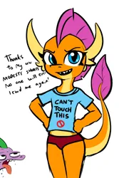 Size: 792x1186 | Tagged: suggestive, artist:tjpones, color edit, derpibooru import, edit, smolder, spike, dragon, bloomers, clothes, colored, dragoness, drool, female, female focus, hand on hip, image, lies, looking at you, open mouth, png, shirt, simple background, solo focus, t-shirt, talking to viewer, tongue out, white background