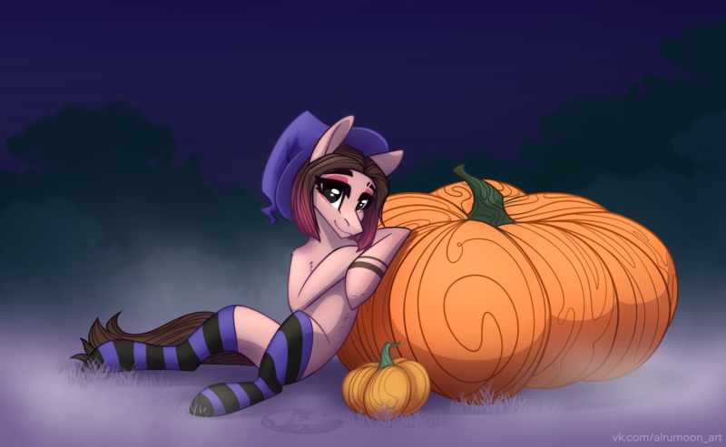 Size: 2975x1835 | Tagged: safe, artist:alrumoon_art, derpibooru import, oc, unofficial characters only, earth pony, pony, alrumoon halloween ych 2022, clothes, female, hat, image, mare, png, pumpkin, socks, solo, striped socks, witch hat