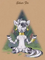Size: 3000x4000 | Tagged: safe, artist:silverfir, derpibooru import, zecora, pony, zebra, abstract background, bracelet, ear fluff, ear piercing, earring, eyes closed, female, fluffy, image, jewelry, mare, meditating, neck rings, piercing, png, solo