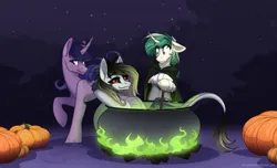 Size: 3175x1925 | Tagged: safe, artist:alrumoon_art, derpibooru import, oc, unofficial characters only, pony, unicorn, alrumoon halloween ych 2022, female, image, male, mare, png