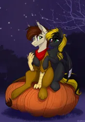 Size: 1668x2388 | Tagged: safe, artist:alrumoon_art, derpibooru import, oc, oc:shade demonshy, oc:swango, unofficial characters only, hippogriff, pegasus, pony, alrumoon halloween ych 2022, female, image, male, mare, png
