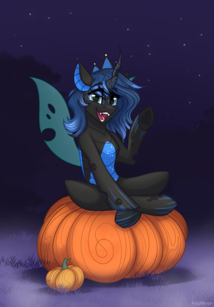 Size: 1668x2388 | Tagged: safe, artist:alrumoon_art, derpibooru import, oc, oc:sinari, unofficial characters only, changeling, pony, alrumoon halloween ych 2022, female, image, mare, png, solo