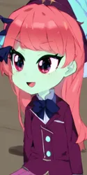 Size: 384x768 | Tagged: safe, artist:luckreza8, derpibooru import, edit, edited screencap, machine learning generated, screencap, melon mint, human, equestria girls, friendship games, :d, anime, background, clothes, female, image, open mouth, open smile, pinegraph, png, school uniform, smiling