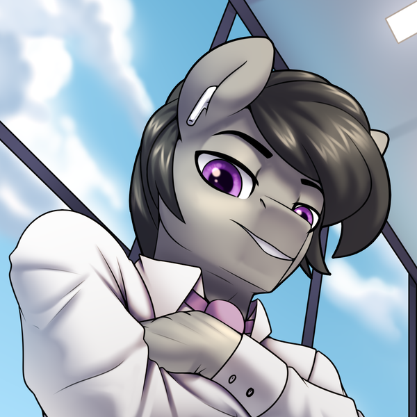 Size: 1220x1220 | Tagged: safe, artist:jedayskayvoker, derpibooru import, octavia melody, anthro, pony, comic:play the record, advertisement, airpods, daddy, daddy kink, dilf, image, looking at you, male, necktie, octavius, office, patreon, patreon exclusive, patreon preview, png, rule 63, solo, stallion
