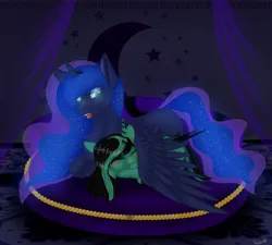 Size: 10000x9000 | Tagged: safe, artist:ginnythequeen, derpibooru import, princess luna, oc, oc:ginny, alicorn, bed, bedroom, bedtime, glow, glowing eyes, glowing mane, hug, image, laying on bed, lying down, on bed, png, sleeping, winghug, wings