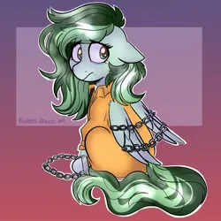 Size: 1080x1080 | Tagged: safe, artist:flutterpaws, artist:flutterpawss, derpibooru import, oc, oc:eden shallowleaf, unofficial characters only, pegasus, bound wings, chained, chains, clothes, commissioner:rainbowdash69, cuffed, cuffs, gradient background, image, jpeg, jumpsuit, never doubt rainbowdash69's involvement, pegasus oc, prison outfit, prisoner, sad, shackles, solo, wings