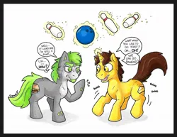 Size: 1200x927 | Tagged: safe, artist:danwolf15, oc, oc:burgie, oc:cheesecake, earth pony, pony, unicorn, bowling, duo, excited, facial hair, goatee, image, jpeg, looking at each other, male, pale belly, signature, simple background, stallion, white background