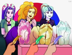 Size: 3300x2550 | Tagged: suggestive, artist:6o6chitzzy, derpibooru import, adagio dazzle, aria blaze, sonata dusk, human, equestria girls, ankle tied, arm behind back, bondage, feather, feet, fetish, foot fetish, image, png, smiling, soles, tickle torture, tickling, tied up