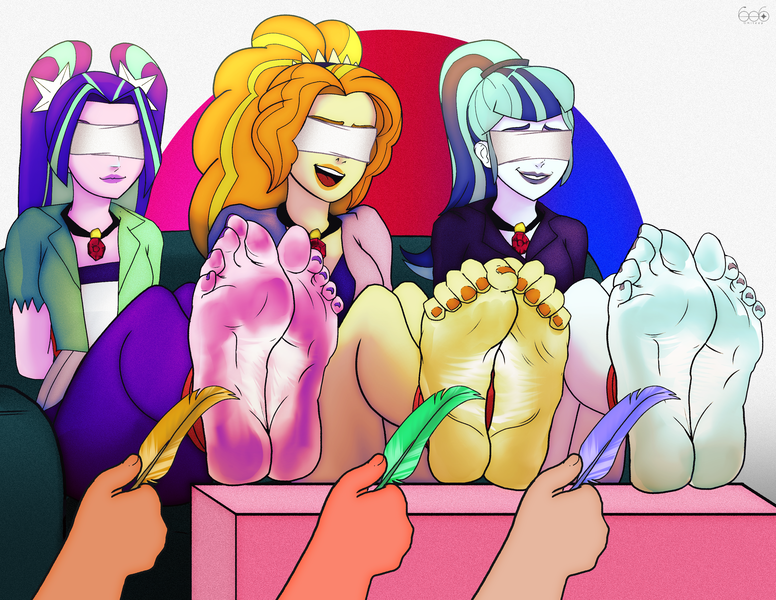 Size: 3300x2550 | Tagged: suggestive, alternate version, artist:6o6chitzzy, derpibooru import, adagio dazzle, aria blaze, sonata dusk, human, equestria girls, ankle tied, arm behind back, blindfold, bondage, feather, feet, fetish, foot fetish, image, laughing, open mouth, png, smiling, soles, the dazzlings, tickle torture, tickling, tied up