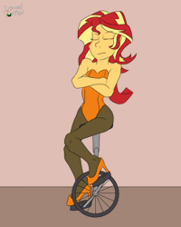 Size: 800x1000 | Tagged: suggestive, artist:domedvortex, derpibooru import, sunset shimmer, equestria girls, animated, female, gif, image, solo, unicycle