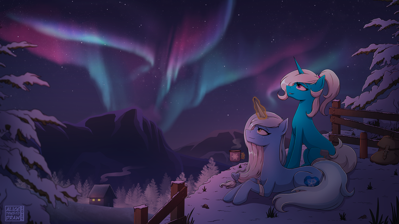 Size: 3840x2160 | Tagged: safe, artist:alicetriestodraw, derpibooru import, oc, oc:glacandra, oc:pummela, unofficial characters only, pony, unicorn, armband, aurora borealis, cottage, duo, female, fence, freckles, horn, image, lying down, mare, mountain, night, png, ponytail, scenery, sitting, snow, thermos, tree, unicorn oc, winter