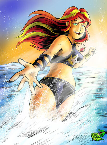 Size: 1024x1380 | Tagged: safe, artist:pete-da-graptor, derpibooru import, sunset shimmer, equestria girls, clothes, female, image, jpeg, ocean, solo, swimsuit, water