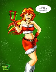 Size: 1024x1319 | Tagged: safe, artist:pete-da-graptor, derpibooru import, sunset shimmer, human, equestria girls, christmas, clothes, costume, female, holiday, image, jpeg, midriff, open mouth, open smile, present, santa costume, sexy, sexy santa costume, smiling, solo