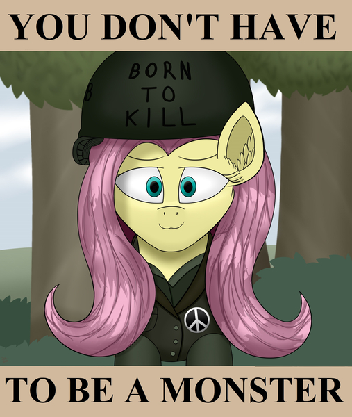 Size: 2416x2860 | Tagged: safe, artist:wailks, derpibooru import, fluttershy, pegasus, pony, equestria at war mod, born to kill, bust, clothes, cute, digital art, ear fluff, female, full metal jacket, high res, image, jpeg, mare, military, military uniform, peace symbol, portrait, solo, text, uniform, vietnam war, war