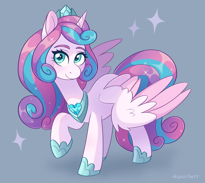 Size: 1992x1772 | Tagged: safe, artist:skysorbett, derpibooru import, princess flurry heart, alicorn, pony, colored wings, crown, crystal heart, g4, image, jewelry, looking at you, older, older flurry heart, png, raised hoof, regalia, simple background, solo, sparkles, two toned wings, wings