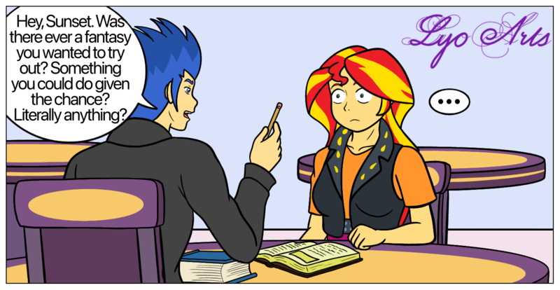 Size: 1431x741 | Tagged: safe, artist:linedraweer, derpibooru import, flash sentry, sunset shimmer, equestria girls, comic, cropped, dialogue, duo, female, image, male, png, speech bubble