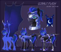 Size: 6150x5250 | Tagged: safe, artist:parrpitched, derpibooru import, oc, oc:cobalt flash, oc:guard cobalt flash, unofficial characters only, bat pony, pony, armor, bat pony oc, bat wings, bondage, donut steel, encasement, fireheart76's latex suit design, guard, helmet, image, latex, latex boots, latex suit, png, prisoners of the moon, pronouns, reference sheet, royal guard, rubber, rubber suit, visor, wings