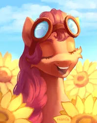 Size: 819x1035 | Tagged: safe, artist:fantein, derpibooru import, sunny starscout, earth pony, pony, eyes closed, flower, g5, goggles, happy, image, open mouth, open smile, png, smiling, solo, sunflower