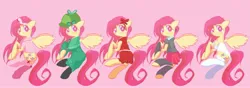 Size: 2727x964 | Tagged: safe, artist:solid shrimp, derpibooru import, fluttershy, pegasus, pony, bow, cheerleader, cheerleader outfit, clothes, detective, female, flying, hat, image, jpeg, nurse, one-piece swimsuit, outfit, outfits, punk, skirt, socks, swimsuit, wings, wrestler