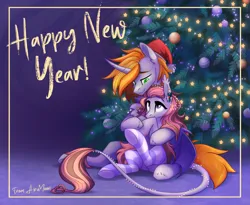 Size: 2437x2003 | Tagged: safe, artist:alrumoon_art, derpibooru import, oc, oc:alruna moonrise, unofficial characters only, bat pony, pony, unicorn, female, happy new year, holiday, image, male, mare, png