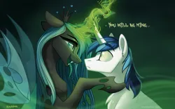 Size: 1881x1181 | Tagged: safe, artist:alrumoon_art, derpibooru import, queen chrysalis, shining armor, changeling, changeling queen, pony, unicorn, female, green tongue, image, long tongue, looking into each others eyes, male, mare, mind control, png, tongue out
