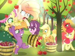 Size: 3058x2297 | Tagged: safe, artist:harmonyvitality-yt, derpibooru import, apple bloom, applejack, big macintosh, li'l cheese, sugar belle, earth pony, pony, unicorn, the last problem, apple, apple tree, base used, basket, colt, female, foal, food, gun, handgun, holding a pony, image, little macintosh, male, mare, older, older apple bloom, outdoors, png, revolver, stallion, tree, weapon