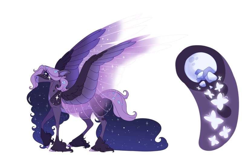 Size: 3600x2300 | Tagged: safe, artist:uunicornicc, derpibooru import, oc, pegasus, pony, coat markings, colored hooves, commission, cutie mark, ethereal mane, ethereal wings, female, flower, flower in hair, image, magical lesbian spawn, mare, next generation, offspring, parent:fluttershy, parent:princess luna, parents:lunashy, png, simple background, solo, transparent background, unshorn fetlocks, wings