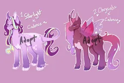 Size: 3000x2000 | Tagged: safe, artist:venobatss, derpibooru import, oc, unofficial characters only, changepony, hybrid, pony, unicorn, curved horn, duo, female, horn, image, interspecies offspring, leonine tail, magical lesbian spawn, mare, offspring, parent:princess cadance, parent:queen chrysalis, parent:starlight glimmer, parents:cadalis, pink background, png, simple background, tail, unicorn oc
