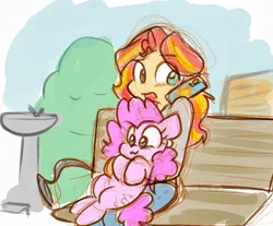 Size: 868x719 | Tagged: safe, artist:zutcha, derpibooru import, pinkie pie, sunset shimmer, earth pony, pony, equestria girls, :3, bench, cute, diapinkes, happy, hug, image, jpeg, mobile phone, phone, shimmerbetes, smartphone