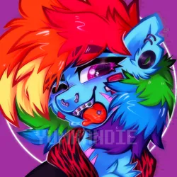 Size: 3500x3500 | Tagged: safe, artist:yumkandie, derpibooru import, rainbow dash, pegasus, pony, bandage, braces, bust, cheek fluff, chest fluff, clothes, drool, ear fluff, high res, hoodie, image, nose piercing, one eye closed, piercing, png, portrait, scar, septum piercing, solo, tongue out, tongue piercing, watermark, wingding eyes, wink