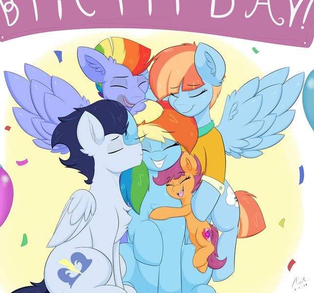 Size: 3000x2800 | Tagged: safe, artist:astrum, derpibooru import, bow hothoof, rainbow dash, scootaloo, soarin', windy whistles, pegasus, pony, abstract background, balloon, birthday, birthday party, chest fluff, clothes, confetti, cuddling, cute, cutealoo, dashabetes, digital art, eyes closed, family, family photo, father and child, father and daughter, father and mother, female, flying, grin, group hug, group photo, group shot, happy, high res, hug, image, kiss on the cheek, kissing, male, mare, mother and child, mother and daughter, noogie, open mouth, open smile, party, png, rainbow dash day, scootalove, shipping, sitting, smiling, soarindash, spread wings, stallion, straight, unshorn fetlocks, wholesome, wings