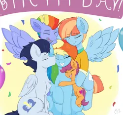 Size: 3000x2800 | Tagged: safe, artist:astrum, derpibooru import, bow hothoof, rainbow dash, scootaloo, soarin', windy whistles, pegasus, pony, abstract background, balloon, birthday, birthday party, chest fluff, clothes, confetti, cuddling, cute, cutealoo, dashabetes, digital art, eyes closed, family, family photo, father and child, father and daughter, father and mother, female, flying, grin, group hug, group photo, group shot, happy, high res, hug, image, kiss on the cheek, kissing, male, mare, mother and child, mother and daughter, noogie, open mouth, open smile, party, png, rainbow dash day, scootalove, shipping, sitting, smiling, soarindash, spread wings, stallion, straight, unshorn fetlocks, wholesome, wings