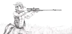 Size: 1900x910 | Tagged: safe, artist:baron engel, derpibooru import, coco pommel, anthro, unicorn, cowboy hat, female, grayscale, gun, hat, image, jpeg, monochrome, pencil drawing, rifle, sniper rifle, stetson, story in the source, story included, traditional art, weapon