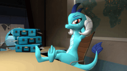 Size: 800x450 | Tagged: safe, artist:ponygamer2020, artist:ponygamersfm, derpibooru import, princess ember, dragon, 3d, animated, arm behind head, briefcase, crossed legs, evil grin, feet, feet on table, female, gif, grin, horn, image, leaning, leaning back, looking at you, map, sitting, smiling, smiling at you, smirk, smug, solo, source filmmaker, table, tail