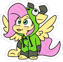 Size: 638x630 | Tagged: safe, artist:zutcha, derpibooru import, fluttershy, pegasus, pony, antonymph, blush sticker, blushing, clothes, cute, female, fluttgirshy, gir, hoodie, image, mare, png, shyabetes, simple background, sitting, solo, spread wings, tongue out, wings