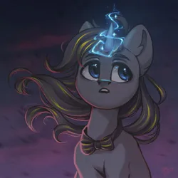 Size: 2048x2048 | Tagged: safe, artist:amishy, derpibooru import, oc, unofficial characters only, pony, unicorn, bowtie, bust, glow, glowing horn, horn, image, jpeg, looking away, solo, wind, windswept mane